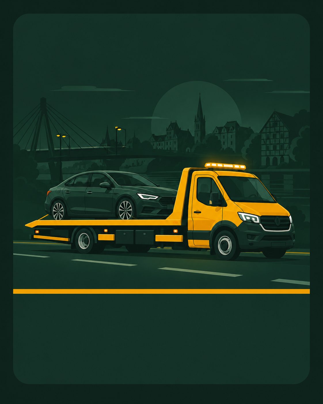 Ilustracja lawety z samochodem na platformie.